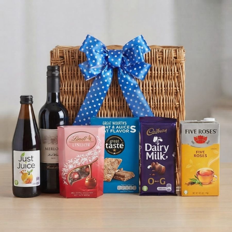 Wicker gift basket with a blue polka-dot bow, merlot, juice, chocolates, biscuits and tea