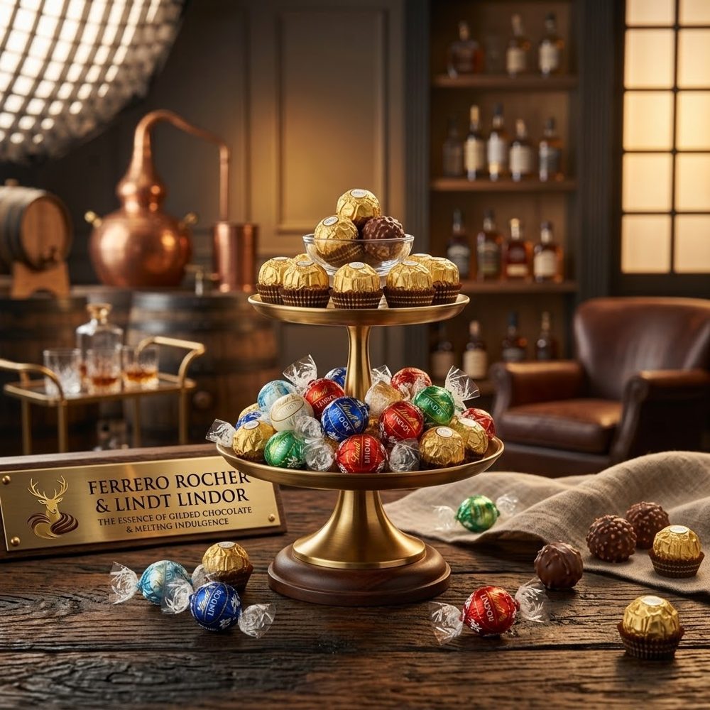 Ferrero Rocher and Lindt Lindor chocolates on a gold tiered stand