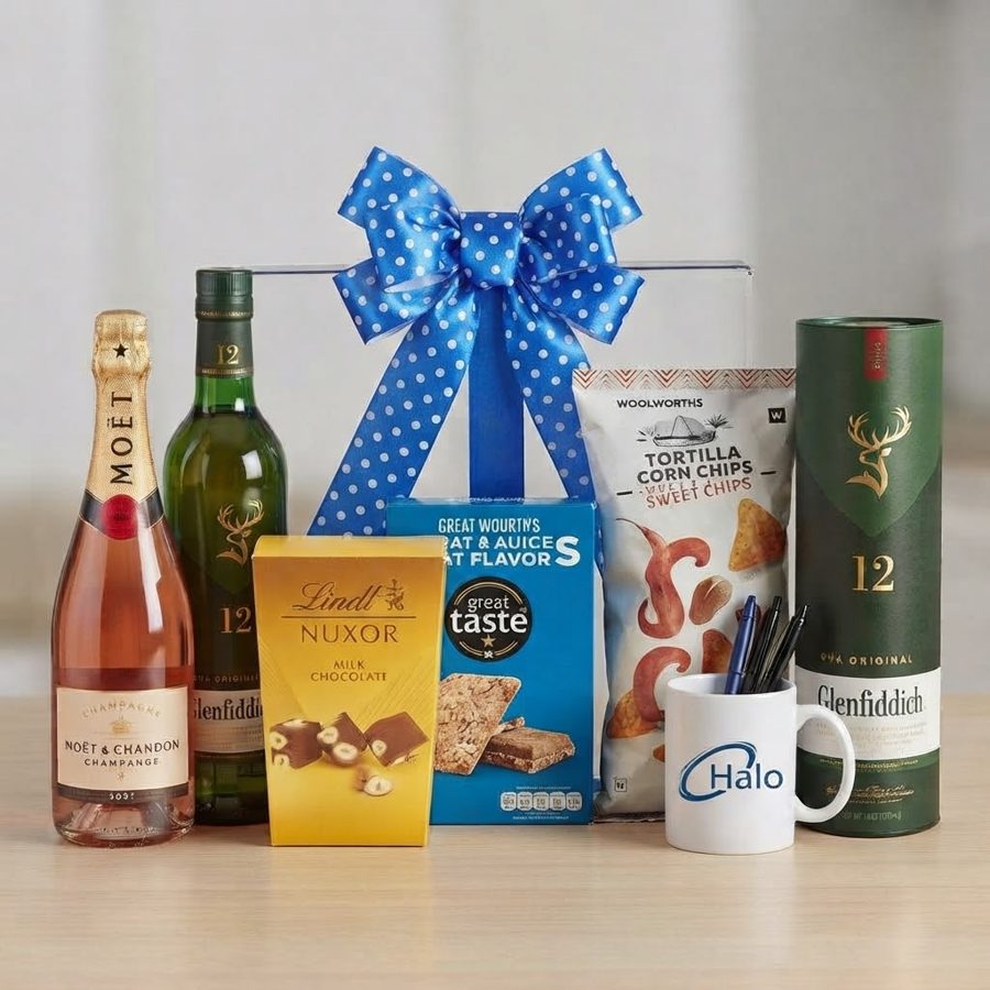 Hamper with rose champagne, whisky, chocolates, snacks and a branded mug under a blue bow