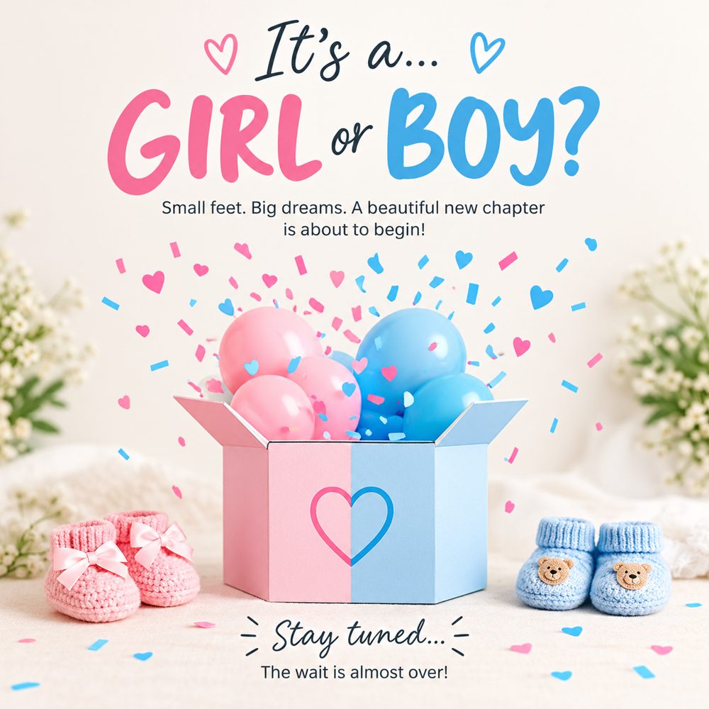 Gender reveal box with pink and blue balloons, confetti and baby booties