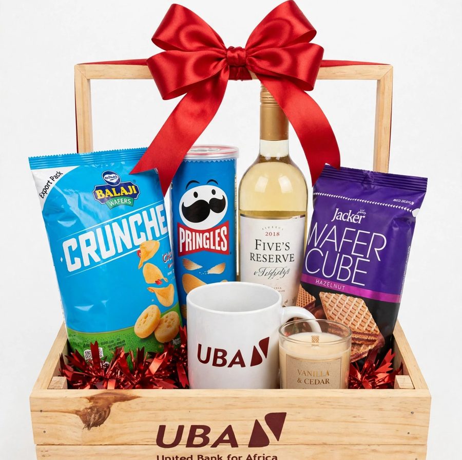 Wooden crate hamper branded with a company logo, with white wine, snacks, a mug and a candle