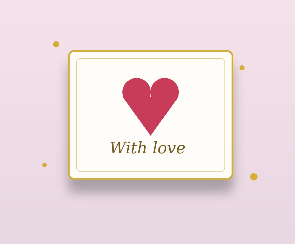 Cream greeting card with a gold border, a red heart and the words With love