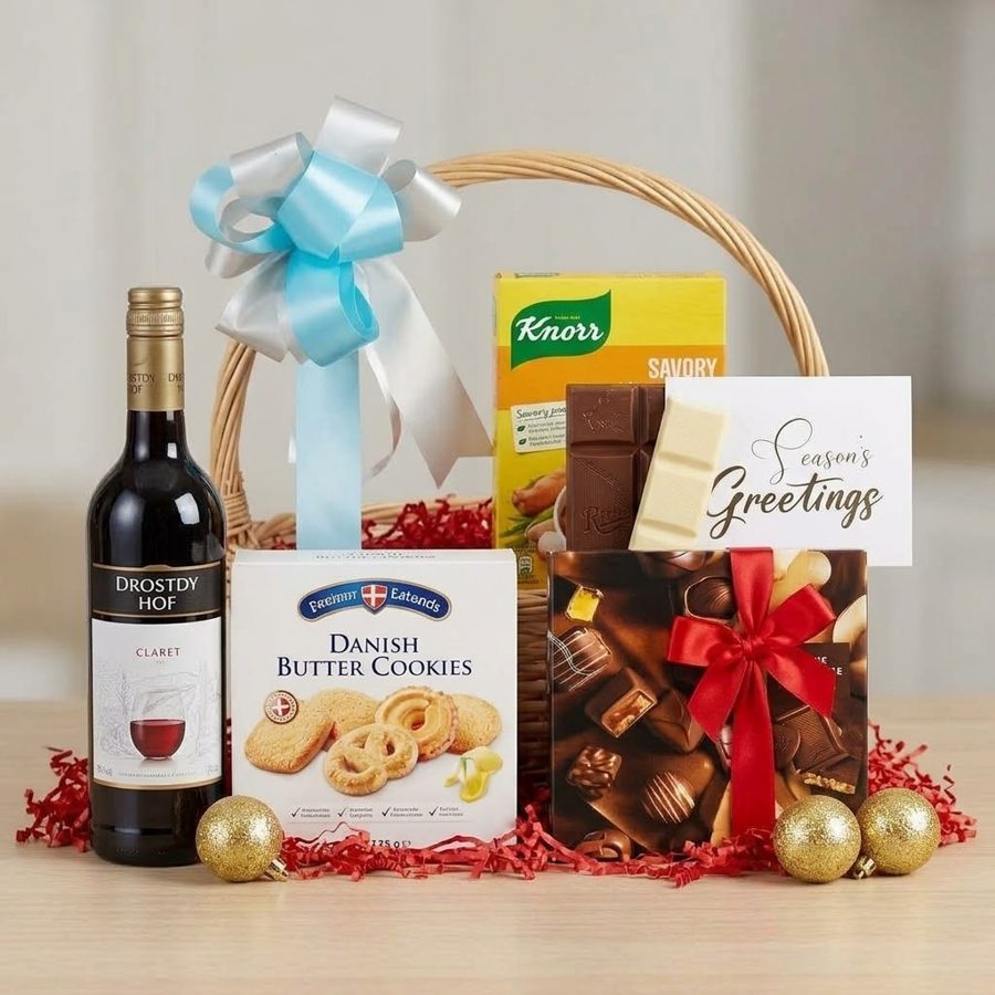 Gift basket with red wine, Danish butter cookies, chocolates and a Season's Greetings card