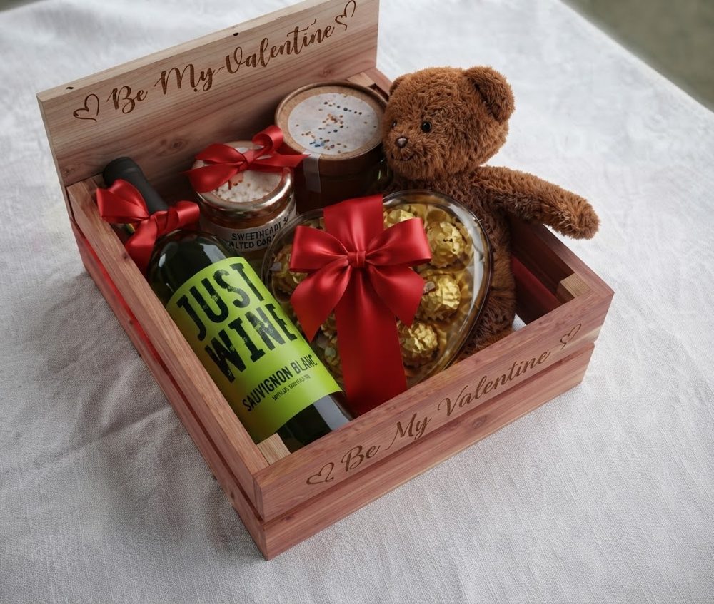 Cedar crate engraved Be My Valentine with wine, salted caramel jar, teddy bear and heart Ferrero chocolates